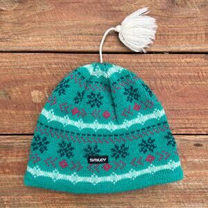 Vintage Smiley Wool Beanie Green Pink Fair Isle Ski Hat USA Made Fleece Lined OS